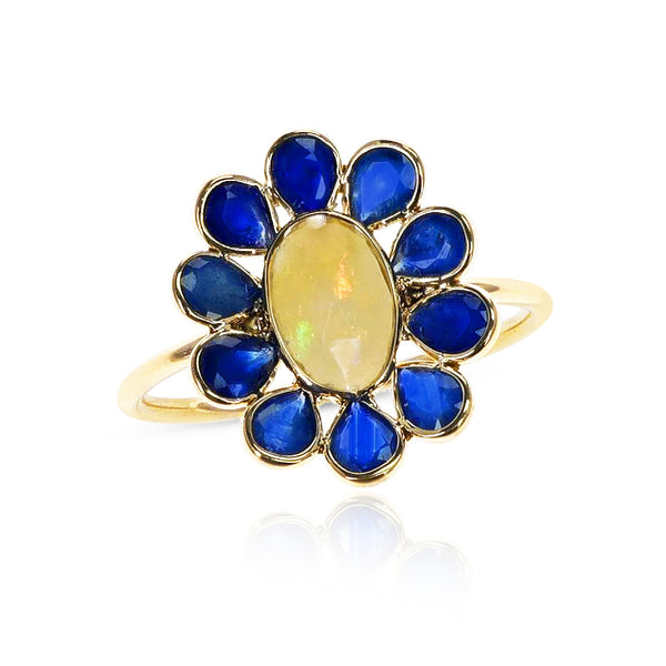 Sapphire and Opal Floral Ring, Yellow Gold