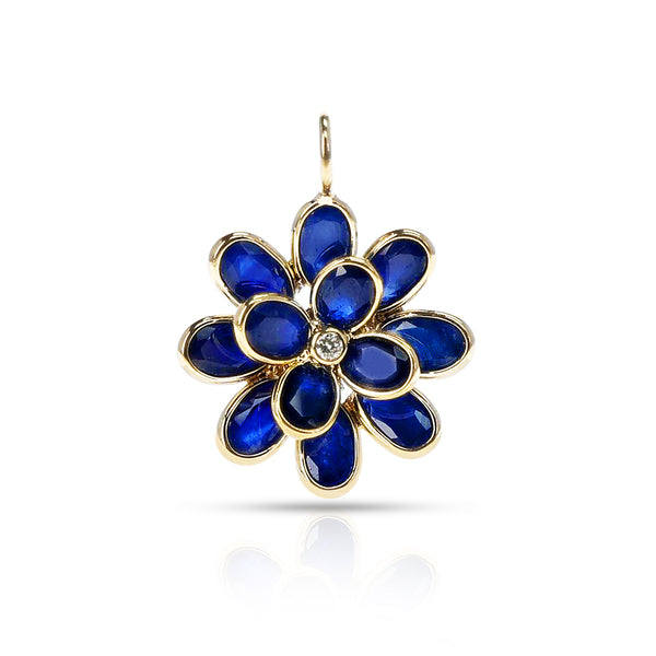 Oval Sapphire Floral Pendant with diamond, 18K Yellow Gold