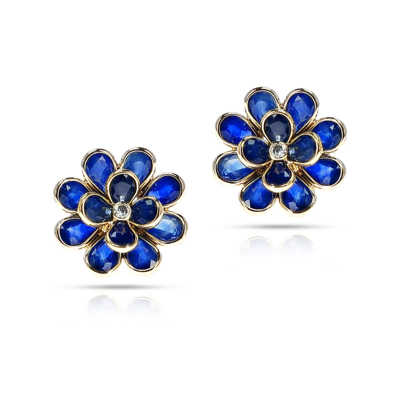 Sapphire Floral Earrings with Diamonds, 18k Yellow Gold