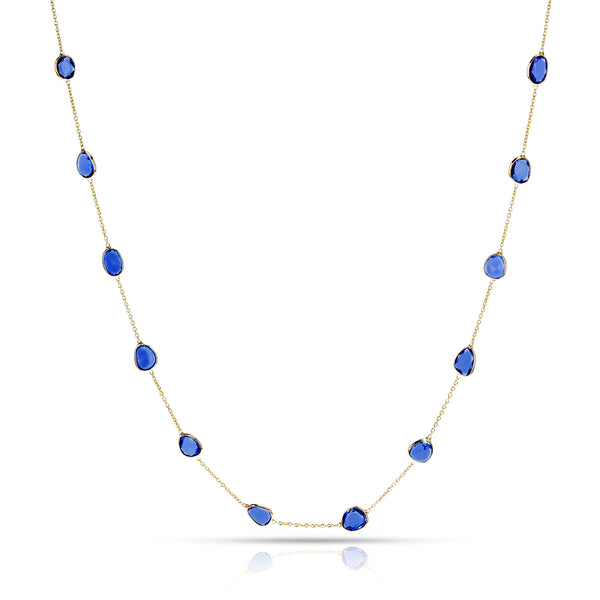 Mixed Cut Blue Sapphire Necklace, 18 Karat Gold