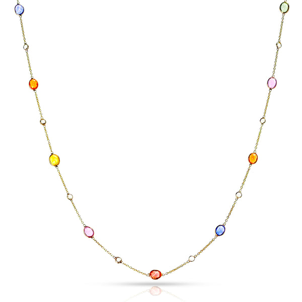 Gemstone Necklace with Diamond Rose Cuts, 18 Karat Gold