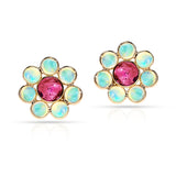 Opal and Pink Tourmaline Floral Earrings, 18k Yellow Gold