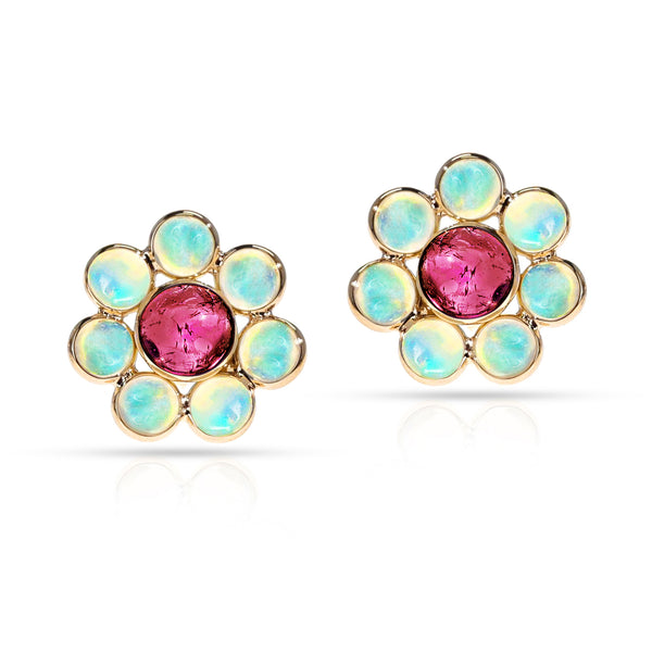 Opal and Pink Tourmaline Floral Earrings, 18k Yellow Gold