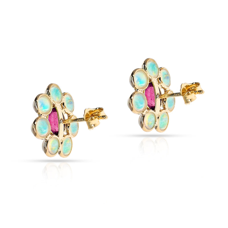 Opal and Pink Tourmaline Floral Earrings, 18k Yellow Gold