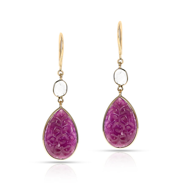 Pear Shaped Ruby Carvings with Diamond Slices, 18K Earrings
