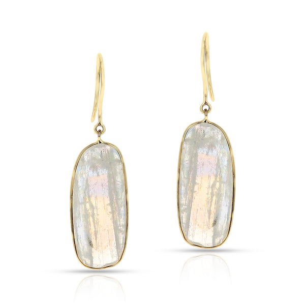 White Rainbow Moonstone Earrings, 18K Yellow Gold