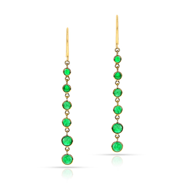Emerald Round Shape Dangling Earrings made in 18 Karat Yellow Gold.