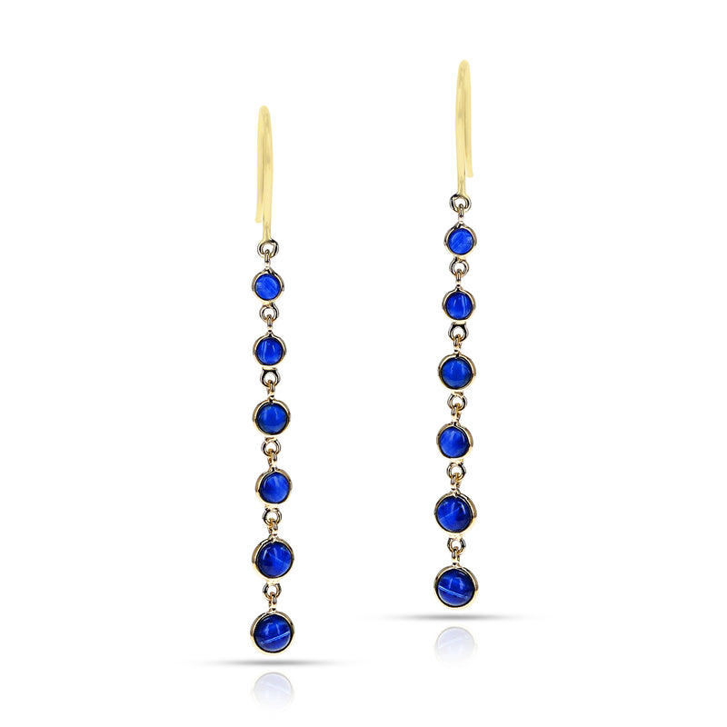 Round Blue Sapphire Dangling Earrings made in 18 Karat Yellow Gold.