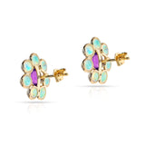 Opal and Turquoise Floral Earrings, 18k Yellow Gold