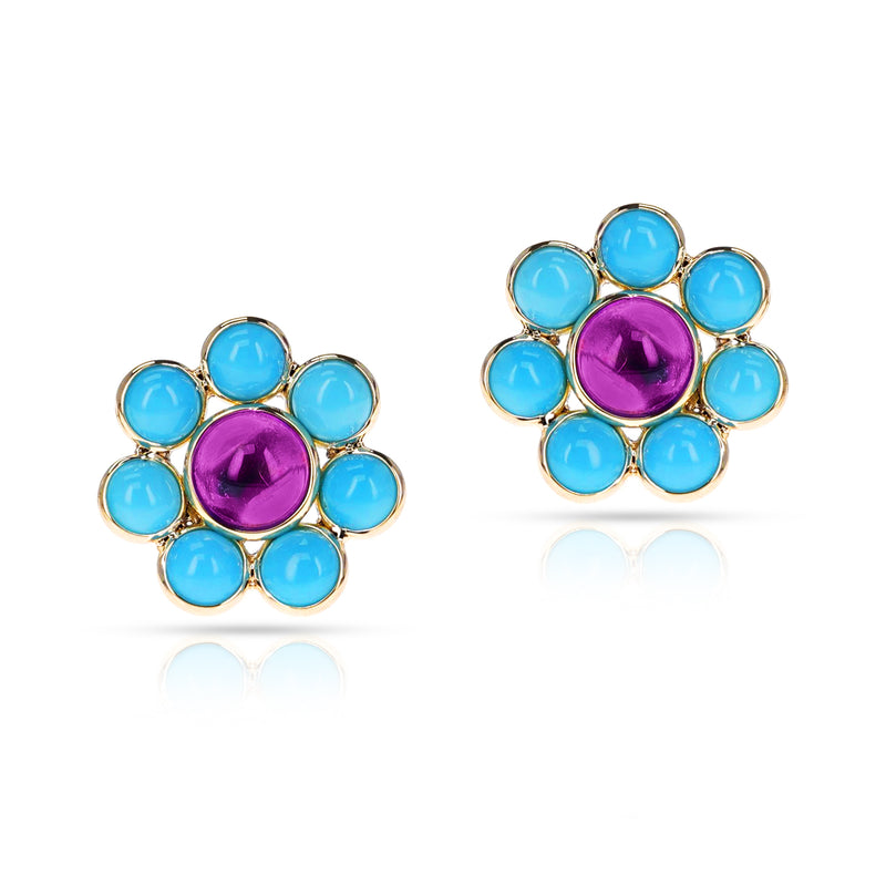 Turquoise and Amethyst Floral Earrings, 18k Yellow Gold