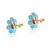Turquoise and Tourmaline Floral Earrings, 18k Yellow Gold