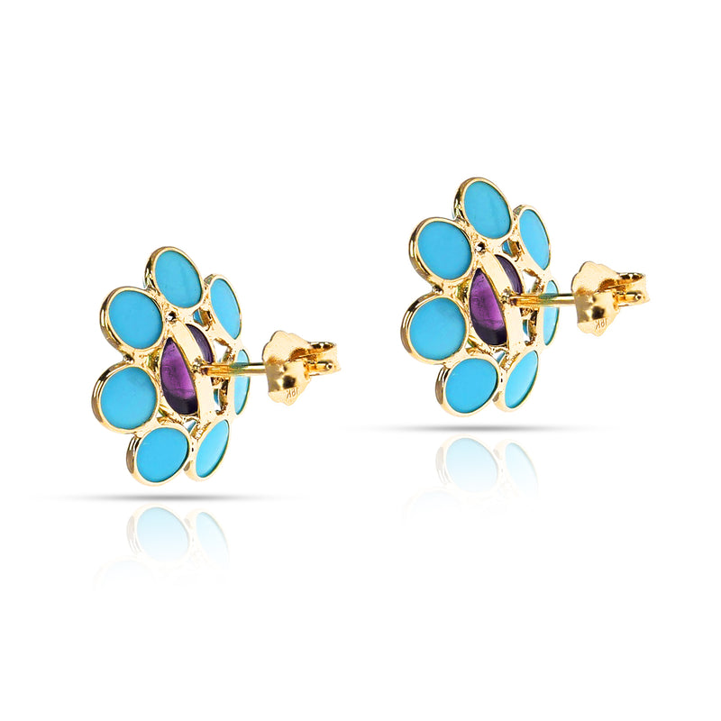 Turquoise and Amethyst Floral Earrings, 18k Yellow Gold