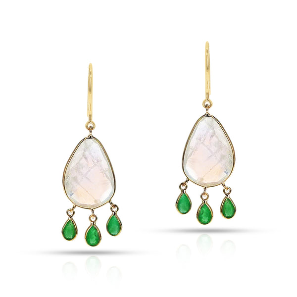 White Moonstone with Emerald Drops Earrings, 18K Yellow Gold