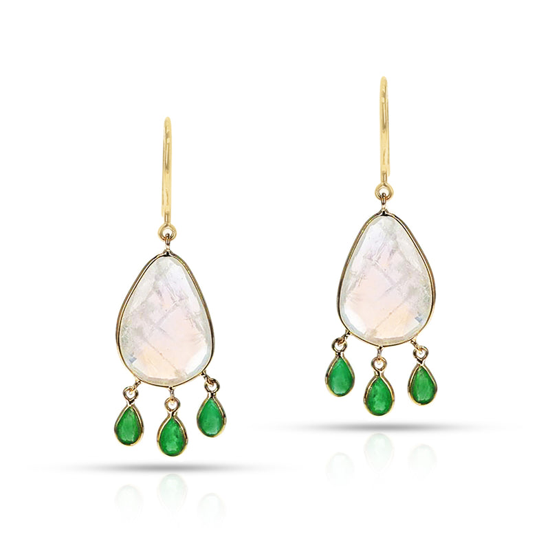White Moonstone with Emerald Drops Earrings, 18K Yellow Gold