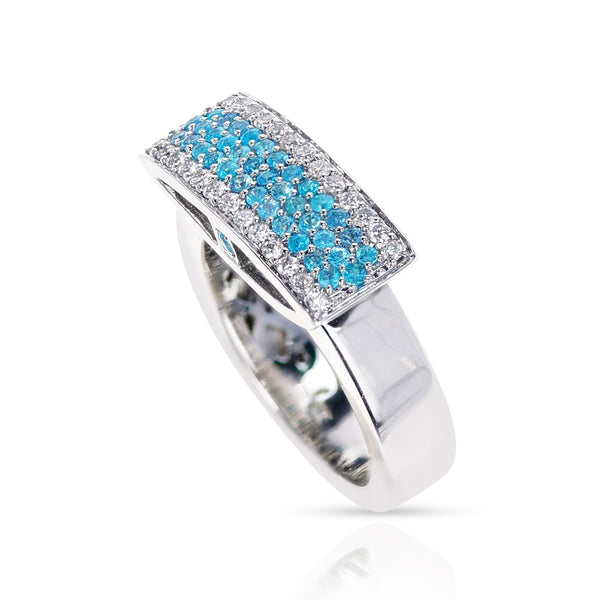 Five Row Paraiba and Diamond Rectangular Wedding Band Ring, 18k