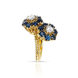 Double Floral Sapphire and Diamond Ring, 18K Ropework Gold