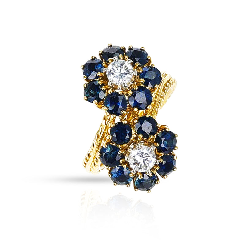 Double Floral Sapphire and Diamond Ring, 18K Ropework Gold