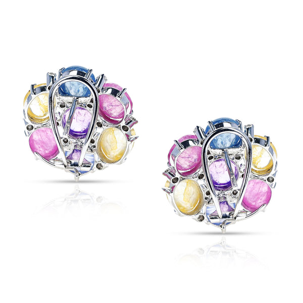 Mixed Shape Multi-Sapphire Cabochon and Diamond Cocktail Earrings, 18K White