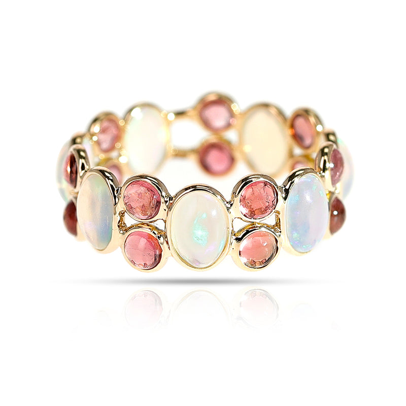 Oval Opal and Double Round Tourmaline Cabochon Band, 18K Yellow Gold