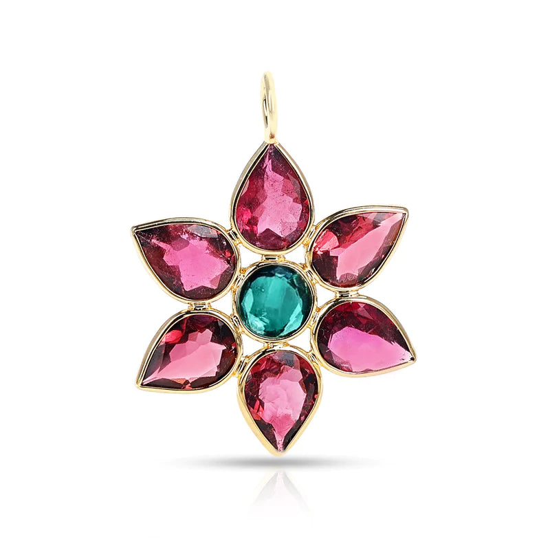 Pear Multi Color Tourmaline Floral Pendant, 18K Yellow Gold