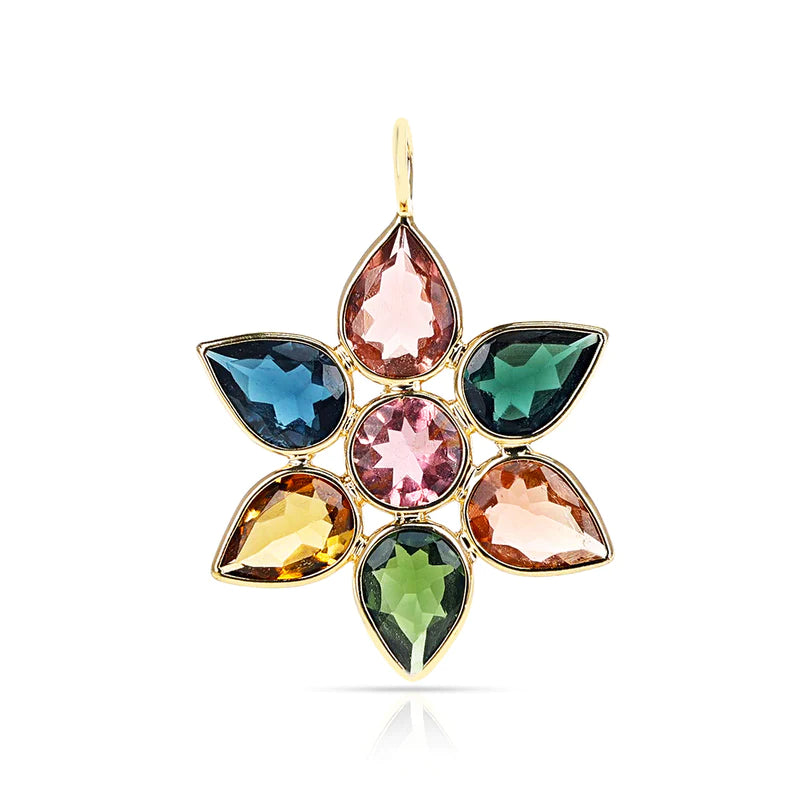 Pear Multi Color Tourmaline Floral Pendant, 18K Yellow Gold