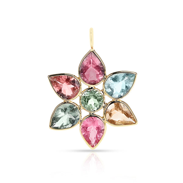 Pear Multi Color Tourmaline Floral Pendant, 18K Yellow Gold