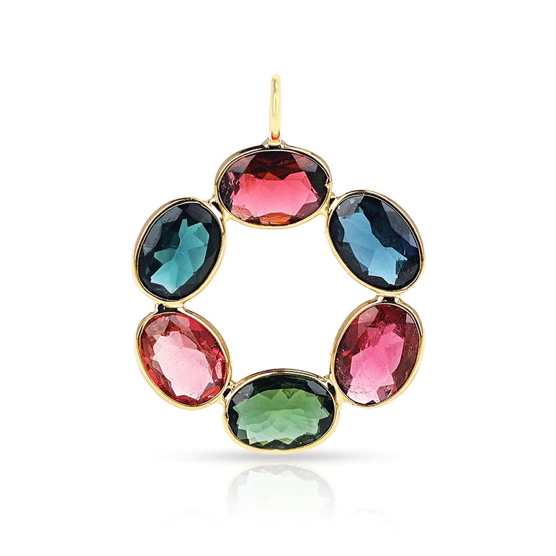 Oval Multi Color Tourmaline Floral Pendant, 18K Yellow Gold