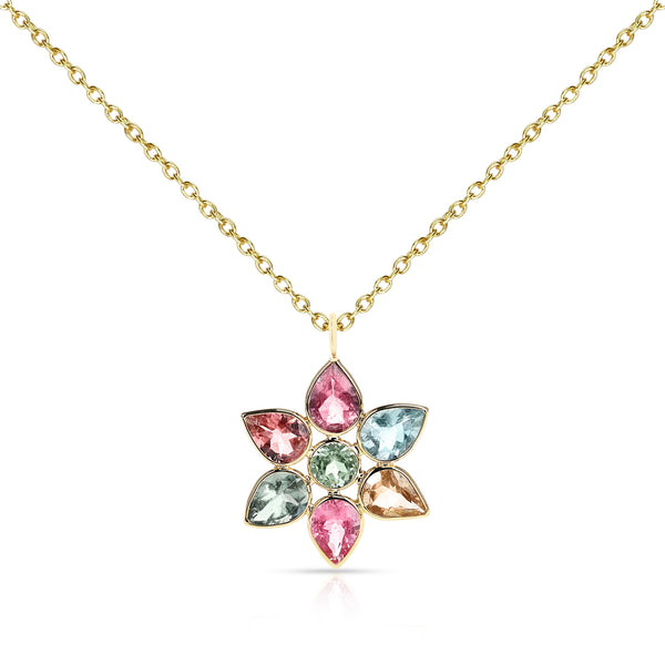 Pear Multi Color Tourmaline Floral Pendant, 18K Yellow Gold