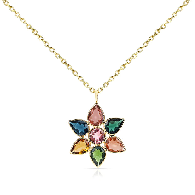 Pear Multi Color Tourmaline Floral Pendant, 18K Yellow Gold