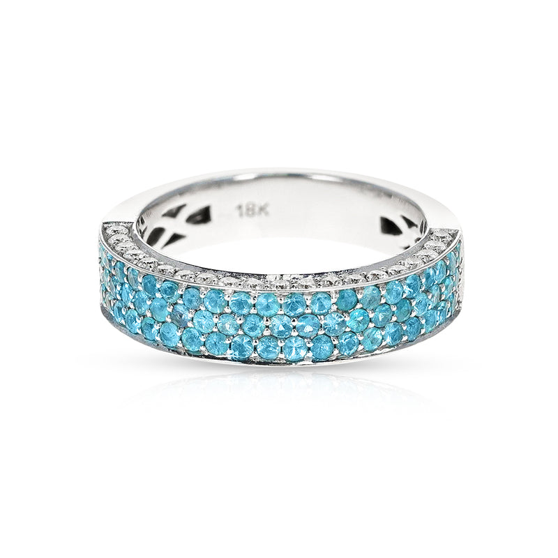Brazilian Paraiba Tourmaline and Diamond Three Row Pave Band Ring
