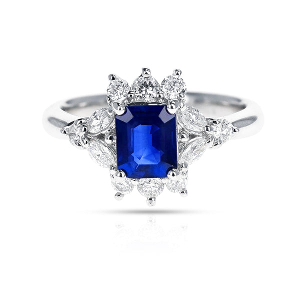 Rectangular-Cut Blue Sapphire and Diamond Engagement Ring, Platinum