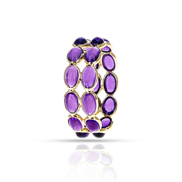 Purple Amethyst Oval Cabochon Double Line Band, Yellow Gold