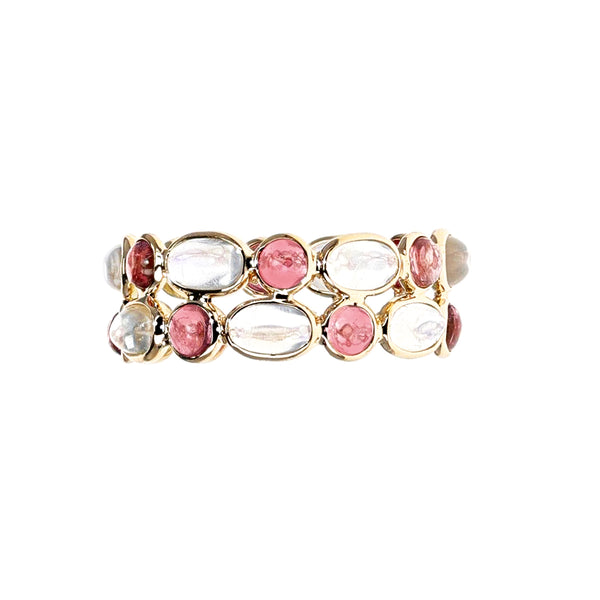 Oval Moonstone and Round Pink Tourmaline Alternating Double Cabochon Band, 18K Yellow Gold