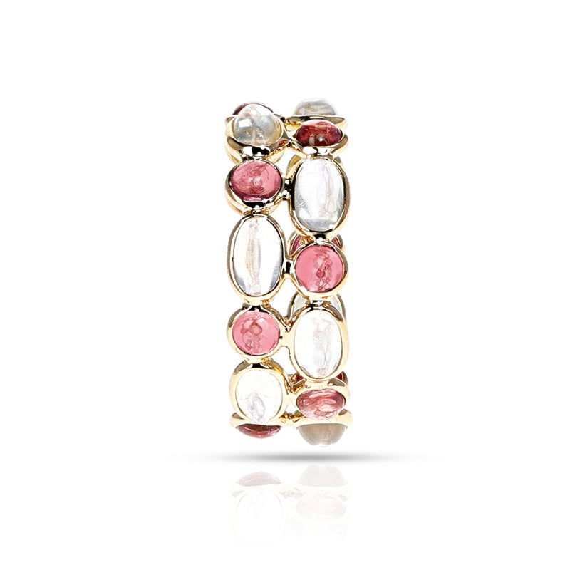 Oval Moonstone and Round Pink Tourmaline Alternating Double Cabochon Band, 18K Yellow Gold