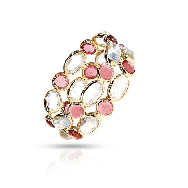 Oval Moonstone and Round Pink Tourmaline Alternating Double Cabochon Band, 18K Yellow Gold