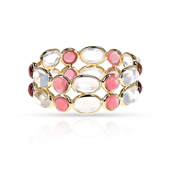 Oval Moonstone and Round Pink Tourmaline Double Cabochon Band, 18K Yellow Gold