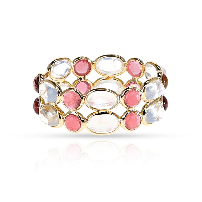 Oval Moonstone and Round Pink Tourmaline Double Cabochon Band, 18K Yellow Gold