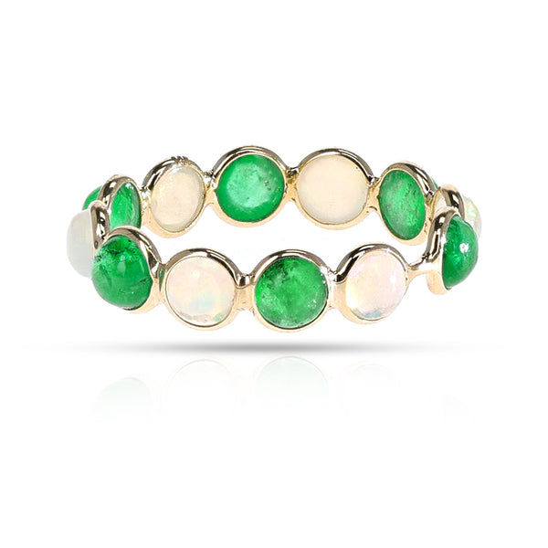 Emerald and Opal Round Cabochon Band, Yellow Gold