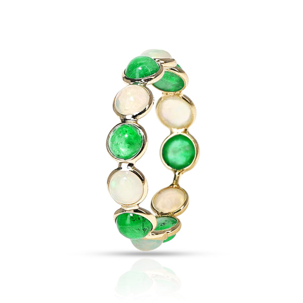 Emerald and Opal Round Cabochon Band, Yellow Gold