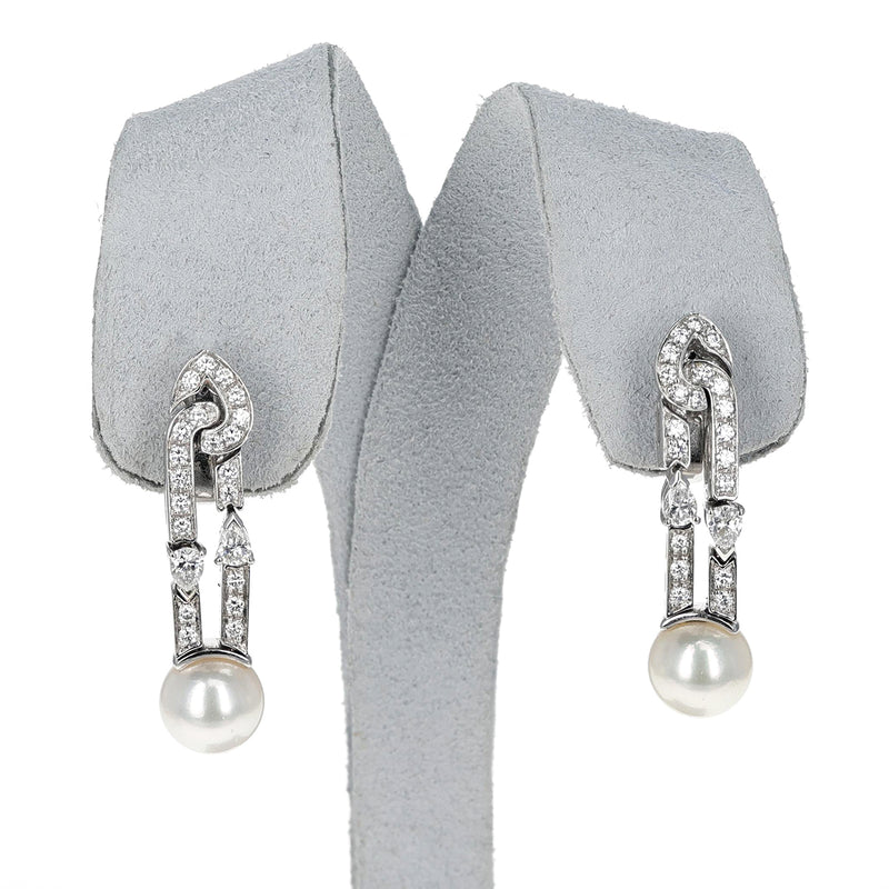 Bvlgari Cultured Pearl Earrings with Round and Pear Shape Diamonds, 18k