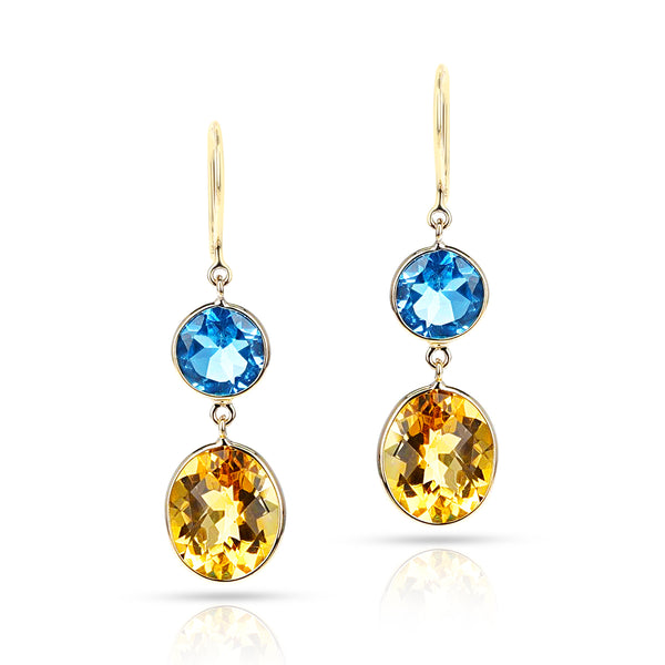 Blue Topaz and Citrine Round and Oval Shape Dangling Earrings made in 18 Karat Yellow Gold.