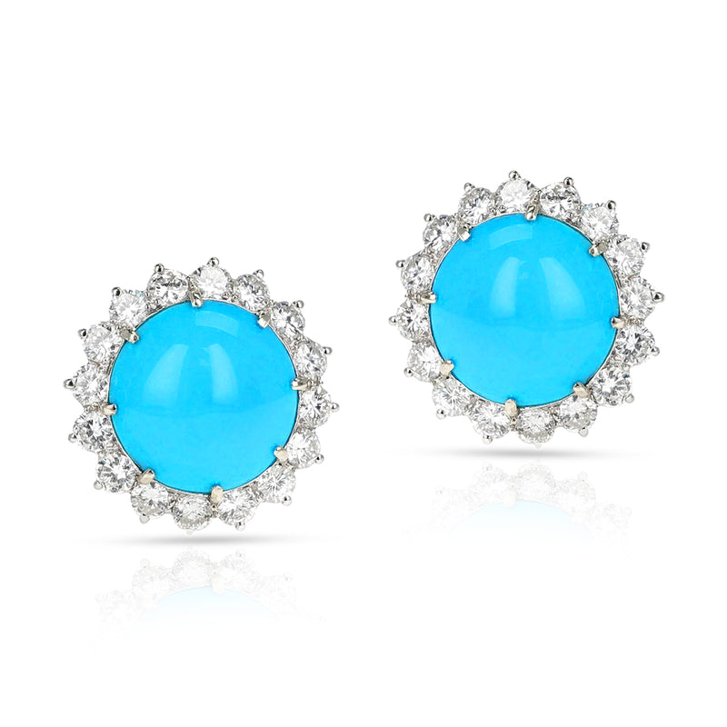 GIA Certified Natural Round Turquoise and Diamond Earrings