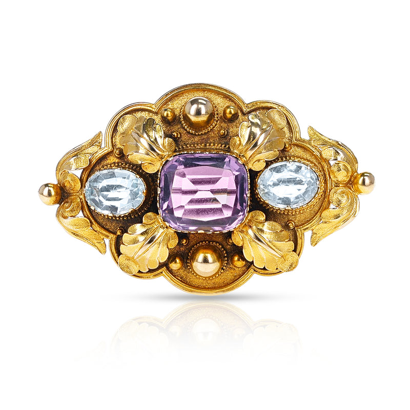 Victorian Cushion Amethyst and Oval Topaz Brooch, 18k