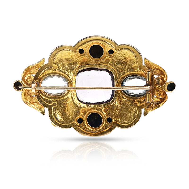 Victorian Cushion Amethyst and Oval Topaz Brooch, 18k