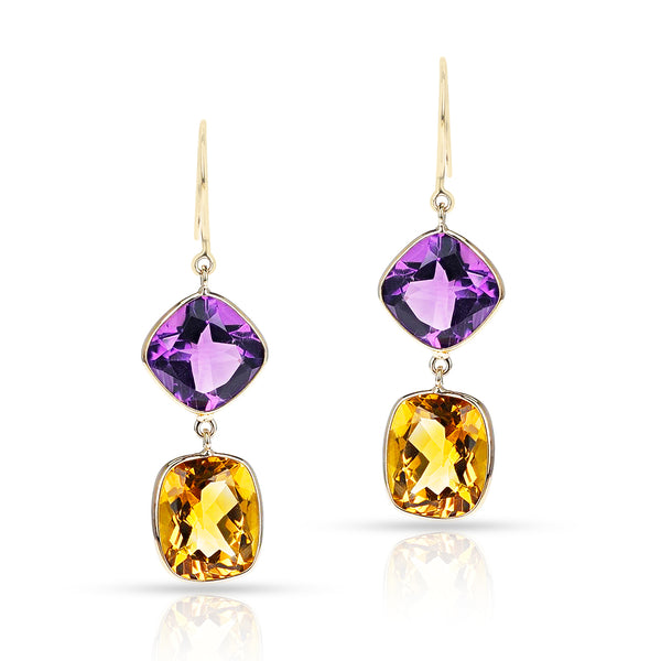 Amethyst and Citrine Cushion shape Dangling Earrings made in 18 Karat Yellow Gold.