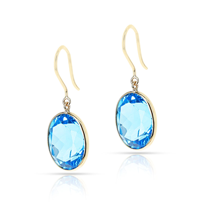 Blue Topaz Oval Shape Dangling Earrings made in 18 Karat Yellow Gold.