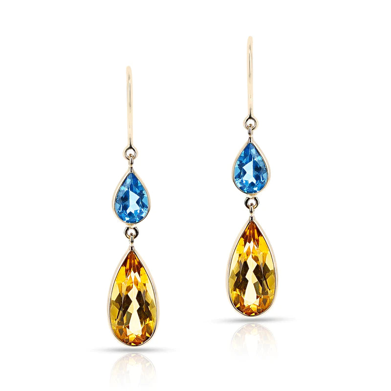 Blue Topaz and Citrine Cushion and Pear Shape Dangling Earrings made in 18 Karat Yellow Gold.
