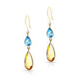 Blue Topaz and Citrine Cushion and Pear Shape Dangling Earrings made in 18 Karat Yellow Gold.