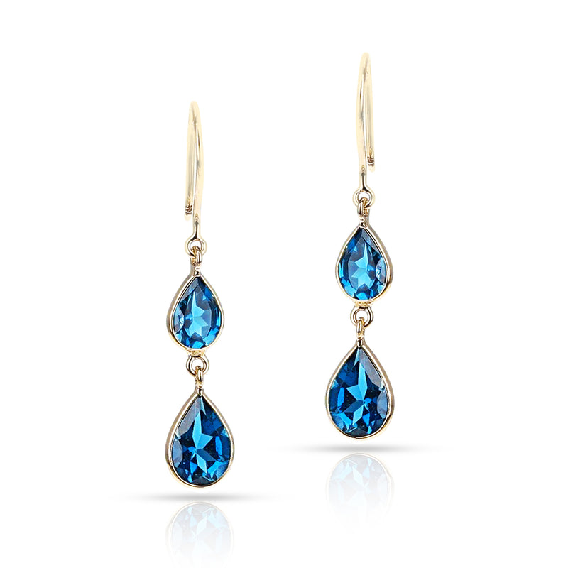 London Blue Topaz Pear Shape Dangling Earrings made in 18 Karat Yellow Gold.