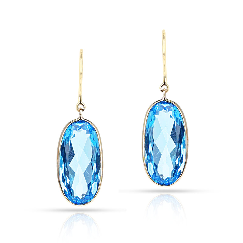 Blue Topaz Oval Shape Dangling Earrings made in 18 Karat Yellow Gold.